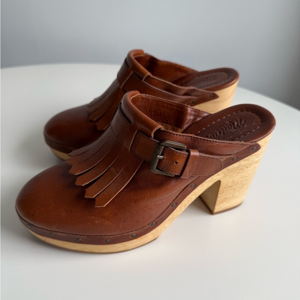 Madewell Chestnut Leather Mules with Fringe | Size 7.5